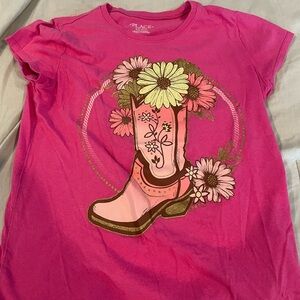 Pink Graphic T-Shirt with Floral Boot Design